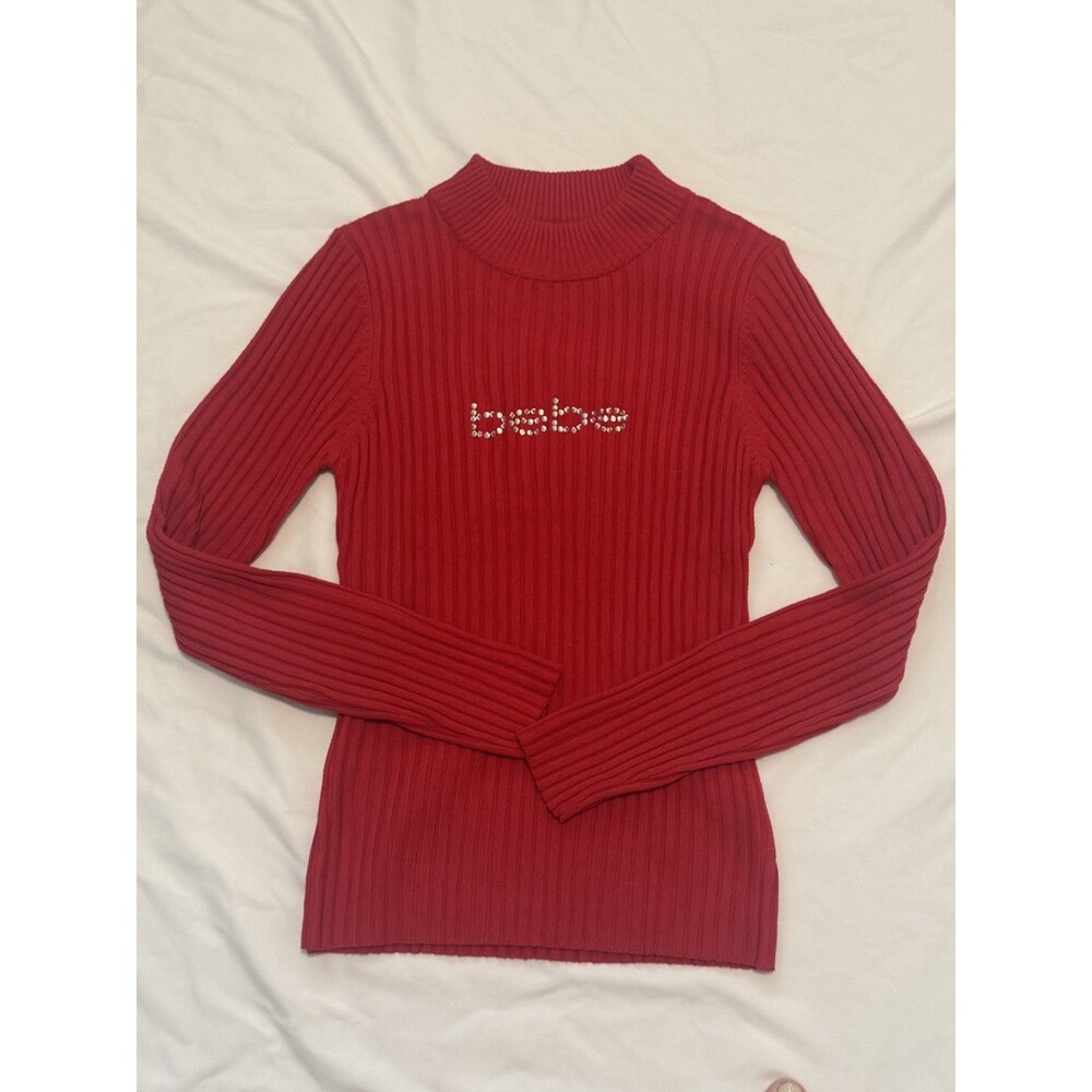 bebe Rhinestone Logo Ribbed Mock Neck Sweater Y2K Style Red NWT Size S